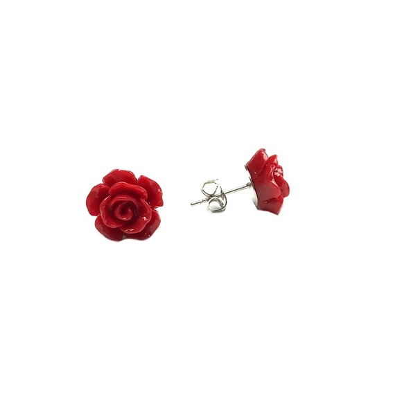 Red Rose Shaped Flower Stud Earrings - Picture 2 of 8